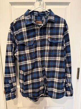 Orvis Flannel Shirt Shacket Blue Plaid Heavy Pockets Jacket Mens Sz M EUC